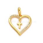 Brass Micro Pave Cubic Zirconia Pendants, Long-Lasting Plated, Lead Free & Cadmium Free, Gold, Heart with Cross, Clear, 20x19.5x2mm, Hole: 3x5mm(KK-U033-10G-01)