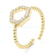 Rack Plating Brass Micro Pave Cubic Zirconia Open Cuff Rings, Hollow Hexagon, Long-Lasting Plated, Golden, Inner Diameter: 17mm(RJEW-C043-02G)