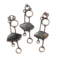 Natural Labradorite Big Pendants, Red Copper Tone Brass Leaf Charms with Jump Rings, 112x40~44x8~9mm, Hole: 6mm(G-A227-07R)