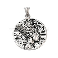 Titanium Steel Pendants, Flat Round with Queen Nefertiti Charm, Antique Silver, 42x36x8mm, Hole: 7x5mm(STAS-S143-05A)