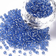 8/0 Glass Seed Beads, Silver Lined Round Hole, Round, Royal Blue, 8/0, 3mm, Hole: 1mm, about 1111pcs/50g, 50g/bag, 18bags/2pounds(SEED-US0003-3mm-26)