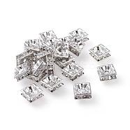 Brass Rhinestone Spacer Beads, Grade A, Platinum Metal Color, Square, Crystal, 8x8x4mm, Hole: 1mm(RB-A013-8x8-01P)