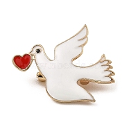 Bird & Love Heart Alloy Enamel Brooches, Brass Pin Jewelry for Women, White, 24x29x7mm(JEWB-K017-04KCG)