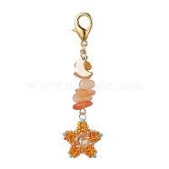 TOHO Seed Pendant Decorations, with Natural Red Aventurine Beads and Pointed Back & Back Plated K9 Glass Rhinestone Cabochons, Zinc Alloy Lobster Claw Clasps, Star, 65~66mm, Pendants: 49~50x18~19x6~7mm(HJEW-MZ00039-03)