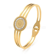 Flat Round with Old Man Pattern Rhinestone Bangle, Ion Plating(IP) 304 Stainless Steel Hinged Bangle for Women, Real 18K Gold Plated, Inner Diameter: 2-3/8 inch(5.95cm)(BJEW-G678-07G)