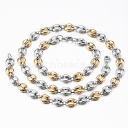 Two Tone Vacuum Plating 201 Stainless Steel Jewelry Sets, Coffee Bean Chain Necklaces and Bracelets, with Lobster Claw Clasps, Oval, Golden & Stainless Steel Color, 23.6 inch(60cm)(SJEW-F157-05GP)