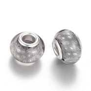 Resin European Beads, Large Hole Beads, with Silver Color Plated Brass Cores, Rondelle, Light Grey, 14x9~9.5mm, Hole: 5mm(RPDL-R009-11)