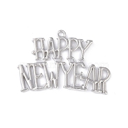 Alloy Pendants, Lead Free & Cadmium Free, Word Happy New Year, Platinum, 26x39.5x1mm, Hole: 1.8mm(ENAM-R149-16P)