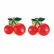 Cherry Enamel Pin, Fruit Alloy Brooch for Backpack Clothes, Cadmium Free & Lead Free, Light Gold, Red, 20x23x12mm, Pin: 1mm(PALLOY-S132-304)