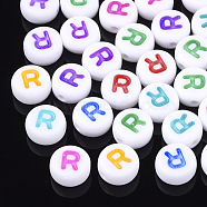 Initial Acrylic Beads, Horizontal Hole, Flat Round, Mixed Color, Letter.R, 7x3.5~4mm, Hole: 1.2mm, about 370pcs/50g(X-OACR-E001-20R)