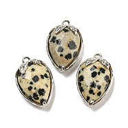 Natural Dalmatian Jasper Faceted Pendants, Rack Plating Brass Strawberry Charms, Platinum, 18x11x5~5.5mm, Hole: 1.2mm(G-M431-06P-05)