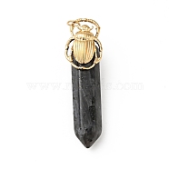 Insect Natural Labradorite Pointed Pendants, with Ion Plating(IP) Platinum & Golden Tone 304 Stainless Steel Findings, Faceted Bullet Charm, 40.5mm, Ladybug: 17.5x11.5x2.5mm, Bullet: 32.5x8.5x8mm, Hole: 3.4mm(G-I333-02D)