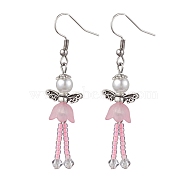 304 Stainless Steel Fairy Dangle Earrings, Glass Seed & Acrylic Pearl Long Drop Earrings, Pink, 55.5x14mm(EJEW-MZ00129-02)