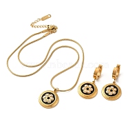 Flower Golden 304 Stainless Steel Enamel Jewelry Set, Plastic Pearl Dangle Hoop Earrings and Pendant Necklace, Black, Necklaces: 405mm; Earring: 34x17mm(SJEW-H306-07G-02)
