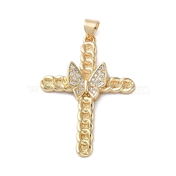 Brass Micro Pave Clear Cubic Zirconia Pendants, Real 18K Gold Plated, Cross, Butterfly, 36x26~26.5x3~4mm, Hole: 4x3.5mm(KK-A212-06A-G)