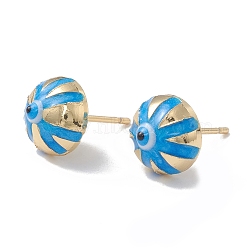 Enamel Half Round with Evil Eye Stud Earrings, Real 18K Gold Plated Brass Jewelry for Women, Deep Sky Blue, 6x10x6mm, Pin: 1mm(EJEW-A093-05G-08)