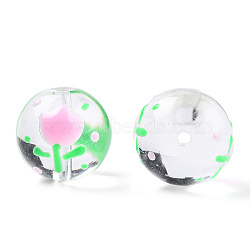 Transparent Handmade Lampwork Beads, Round with Flower Pattern, Green, 17x16x15mm, Hole: 1.8~2mm(LAMP-T011-20B)