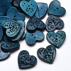 Heart Coconut 2 Holes Sewing Buttons, Dyed, Royal Blue, 20~21x22~23x4~6mm, Hole: 1mm(X-BUTT-O008-30A)
