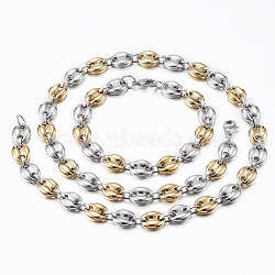 Two Tone 201 Stainless Steel Jewelry Sets, Coffee Bean Chain Necklaces and Bracelets, with Lobster Claw Clasps, Oval, Golden & Stainless Steel Color, 23.6 inch(60cm)(SJEW-F157-05GP)