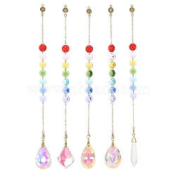 Glass Teardrop/Cone Pendant Decorations, Hanging Suncatchers, with Brass Findings and Glass Octagon Link, Mixed Color, 310~320x14~33x11~14mm, Hole: 3mm(HJEW-JM01163)