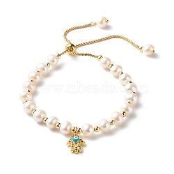 Adjustable Natural Pearl Beads Slider Bracelets, with 304 Stainless Steel Venetian Chains and Brass Hamsa Hand/Hand of Miriam with Evil Eye Charm, Beige, 0.15cm, Inner Diameter: 1-3/4~2-5/8 inch(4.3~6.8cm)(BJEW-JB06531-03)