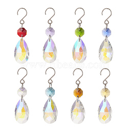 Glass Pendant Decorations, with Stainless Steel S-Hook, Teardrop, Mixed Color, 82mm, 8pcs/set(HJEW-JM00911)