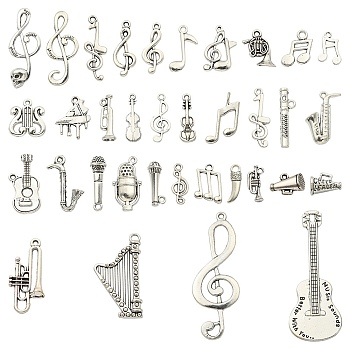 35Pcs 34 Style Tibetan Style Alloy Pendants, Lead Free & Cadmium Free, Musical Instrument/Note Charm, Antique Silver, 15~61.5x6~20x1~9mm, Hole: 1~3mm, 1pc/style