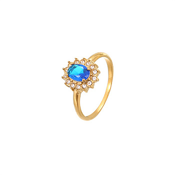Cubic Zirconia Oval Finger Ring, Golden Stainless Steel Finger Ring, Blue, US Size 7(17.3mm)