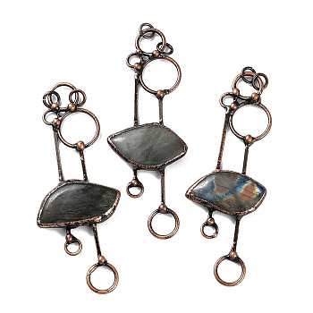 Natural Labradorite Big Pendants, Red Copper Tone Brass Leaf Charms with Jump Rings, 112x40~44x8~9mm, Hole: 6mm