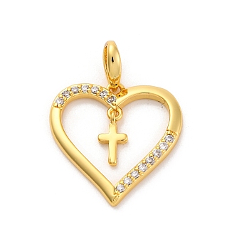 Brass Micro Pave Cubic Zirconia Pendants, Long-Lasting Plated, Lead Free & Cadmium Free, Gold, Heart with Cross, Clear, 20x19.5x2mm, Hole: 3x5mm