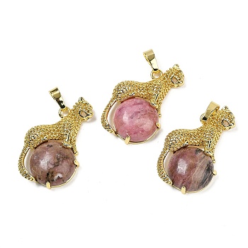 Natural Rhodonite Ball with Leopard Shape Brass Pendants, Rack Plating, Cadmium Free & Lead Free, Long-Lasting Plated, 35x22x6.5mm, Hole: 7x3.5mm