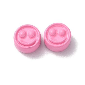 Spray Painted Alloy Beads, Flat Round with Smiling Face, Pink, 7.5x4mm, Hole: 2mm