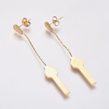 (Jewelry Parties Factory Sale)304 Stainless Steel Dangle Stud Earrings, Hypoallergenic Earrings, with Chain, Ear Nuts/Earring Back, Key, Golden, 58mm, Pin: 0.8mm