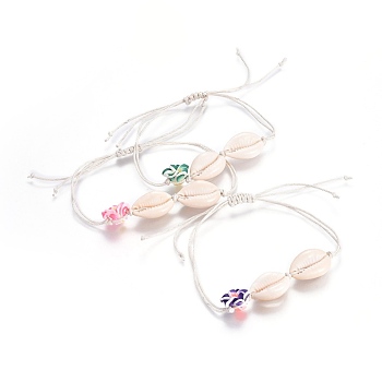 Chinese Waxed Cotton Cord  Braided Bead Bracelets, with Handmade Polymer Clay Plumeria Beads and Shell Beads, Mixed Color, 1 inch(2.4cm)~4 inch(10.2cm)