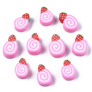 Handmade Polymer Clay Beads, Cake with Strawberry, Pearl Pink, 10~13x7~10x4mm, Hole: 1.6mm