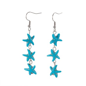 Synthetic Turquoise Beads Dangle Earrings, with Iron Finding and Stainless Steel Earring Hooks, Star, Platinum, 66mm, 13~13.5x13.5~14x4.5mm, Pin: 0.7mm