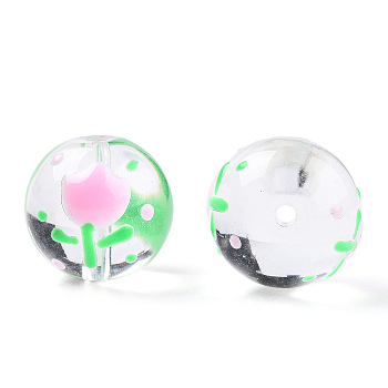 Transparent Handmade Lampwork Beads, Round with Flower Pattern, Green, 17x16x15mm, Hole: 1.8~2mm