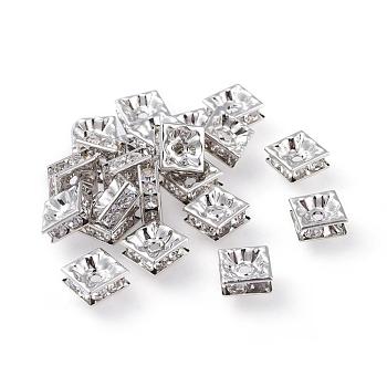 Brass Rhinestone Spacer Beads, Grade A, Platinum Metal Color, Square, Crystal, 8x8x4mm, Hole: 1mm