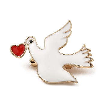 Bird & Love Heart Alloy Enamel Brooches, Brass Pin Jewelry for Women, White, 24x29x7mm