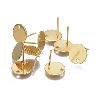 304 Stainless Steel Stud Earring Findings, Flat Round, with Loop and Flat Plate, Real 24K Gold Plated, 12x10mm, Hole: 1.5mm, Pin: 0.7mm