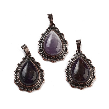 Natural Amethyst Teardrop Pendants, Red Copper Tone Brass Charms, 28.5x20.5x7mm, Hole: 8x5mm