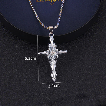 Cross Alloy Rhinestone Pendant Necklaces for Men, Platinum, Crystal, 23.62 inch(60cm)