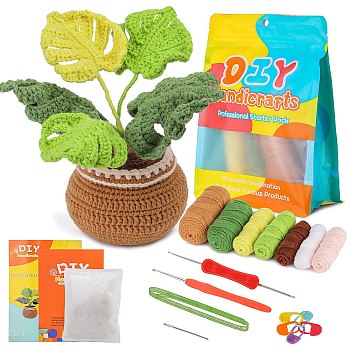 DIY Monstera Leaf Planter Knitting Kits for Beginners, including Acrylic Fiber Yarn, Instruction, Needle, Stitch Markers, Crochet Hook, Fiberfill, Iron Wire, Crochet Needle, Green