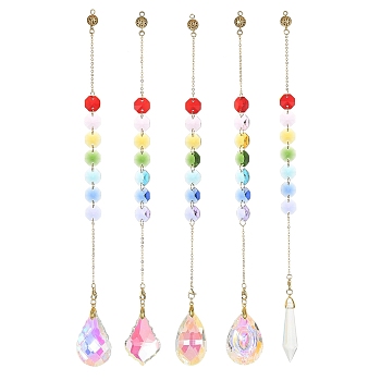 Glass Teardrop/Cone Pendant Decorations, Hanging Suncatchers, with Brass Findings and Glass Octagon Link, Mixed Color, 310~320x14~33x11~14mm, Hole: 3mm