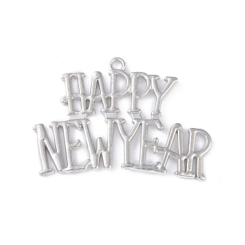 Alloy Pendants, Lead Free & Cadmium Free, Word Happy New Year, Platinum, 26x39.5x1mm, Hole: 1.8mm