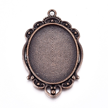 Tibetan Style Pendant Cabochon Settings, Cadmium Free & Nickel Free & Lead Free, Oval, Red Copper, 62x39x3mm, Hole: 2.5mm, Tray: 40x30mm