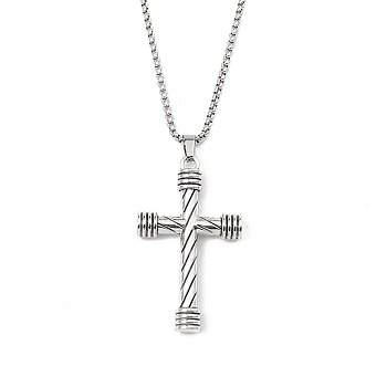 Zinc Alloy Cross Pendant Necklaces, 201 Stainless Steel Chains Necklaces, Stainless Steel Color, 23.23 inch(59cm), Cross: 50x31mm