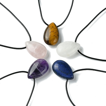 Natural & Synthetic Gemstone Pendant Necklaces, with Wax Cord, Teardrop, 14.17~27.95 inch(36~71cm) 