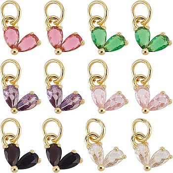 12 Pcs 6 Colors Rack Plating Brass Cubic Zirconia Charms, with Jump Ring, Real 18K Gold Plated, Heart, Mixed Color, 8x7x3mm, Hole: 3.5mm, 2pcs/color