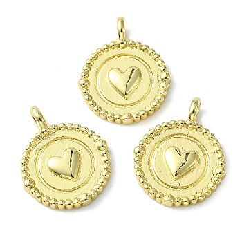 Rack Plating Brass Pendants, Long-Lasting Plated, Lead Free & Cadmium Free, Flat Round with Heart Charm, Real 18K Gold Plated, 18x14.5x2mm, Hole: 2.5x2mm
